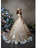Beaded Ivory Lace Cappuccino Tulle Keyhole Back Flower Girl Dress